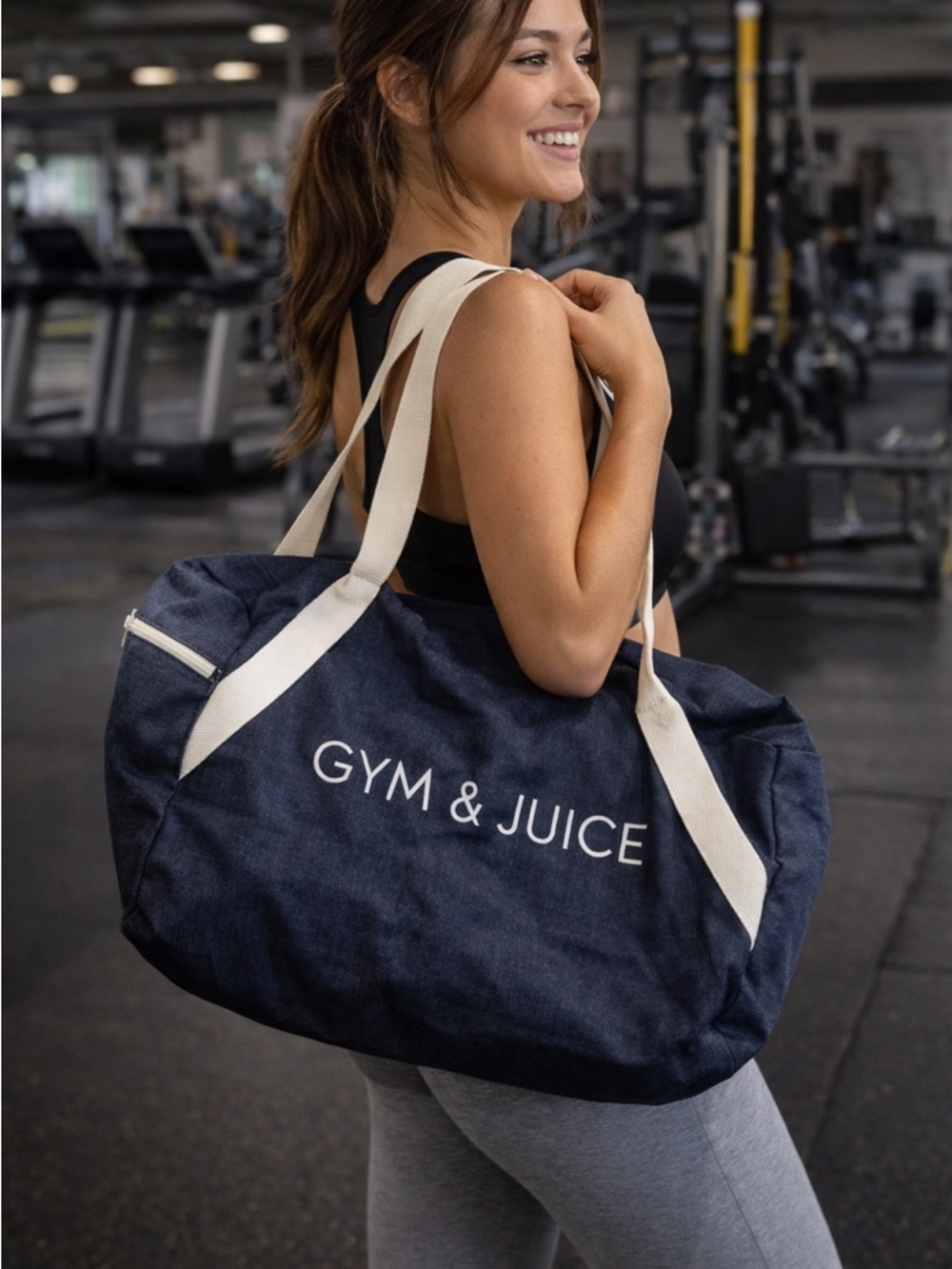 Gym & Juice Navy Canvas Duffel Bag with Cream Straps
